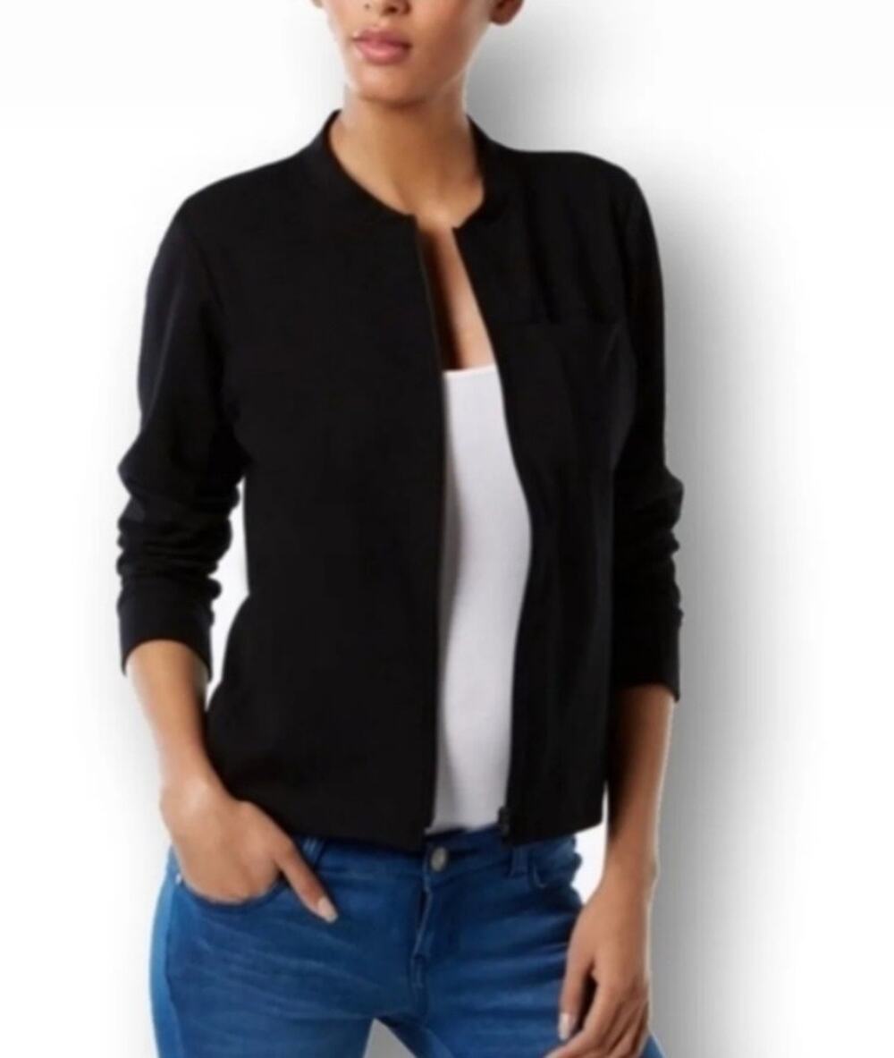 Eileen Fisher Sz L Full Zip Lightweight Ribbed Jacket Black Minimalist